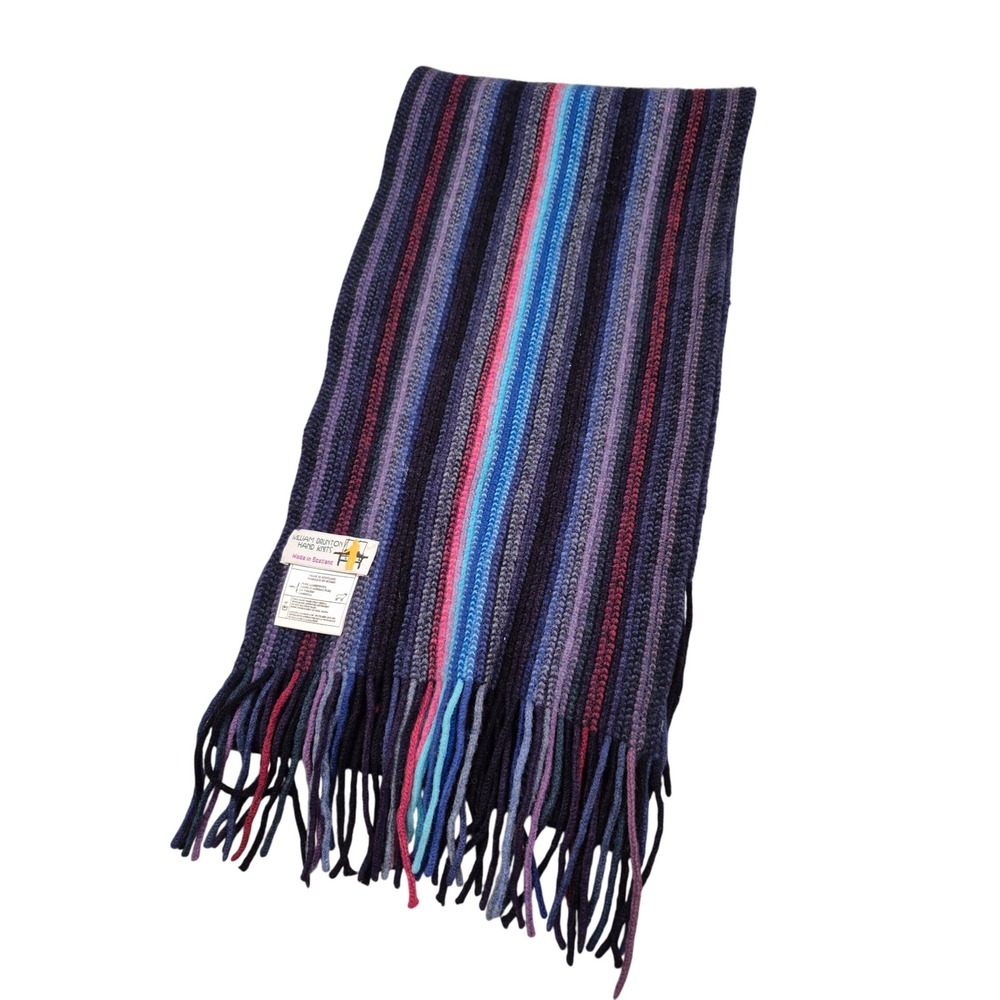 William Brunton Hand Knits Lambswool Scarf Made in Scotland Striped Purple Blue